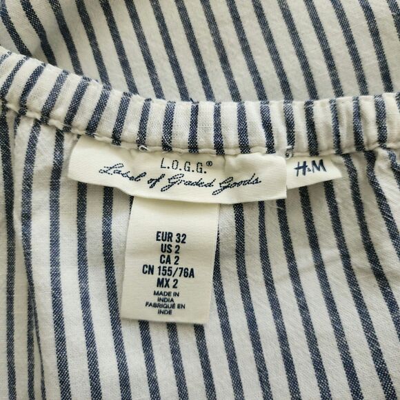 LOGG H&M One Shoulder Top Size 2 Linen Cotton White Blue Striped Embroidered - Picture 5 of 10
